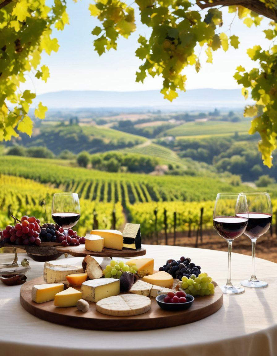A beautifully arranged table featuring a sommelier selecting and tasting various wines from around the world, with a backdrop of iconic wine regions like Bordeaux and Tuscany. The table is adorned with wine glasses, tasting notes, and cheese pairings, infused with warm, inviting light. Vibrant grapevines in the background symbolizing the vineyard's richness, evoking a sense of celebration. super-realistic. vibrant colors. soft focus.