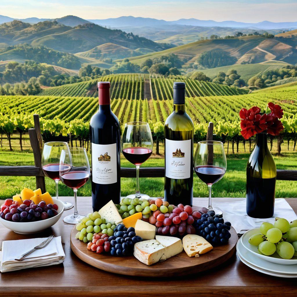 A beautifully arranged table showcasing an array of wine bottles from different regions, surrounded by colorful grapevines and elegant wine glasses filled with red and white wine. In the background, iconic landscapes of vineyards and rolling hills represent different wine regions, with a cheese platter and fruits elegantly placed to enhance the wine pairing experience. The scene captures a warm, inviting atmosphere, perfect for a wine journey. vibrant colors. painting.
